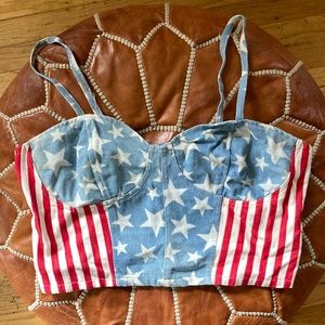 Very J light denim red white and blue american flag zip up bustier
